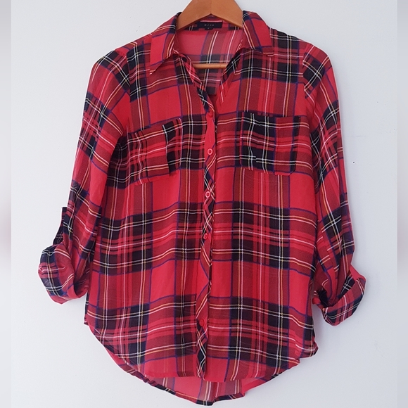 MINE Red Plaid Front Button Collared Chiffon Shirt - Picture 2 of 11